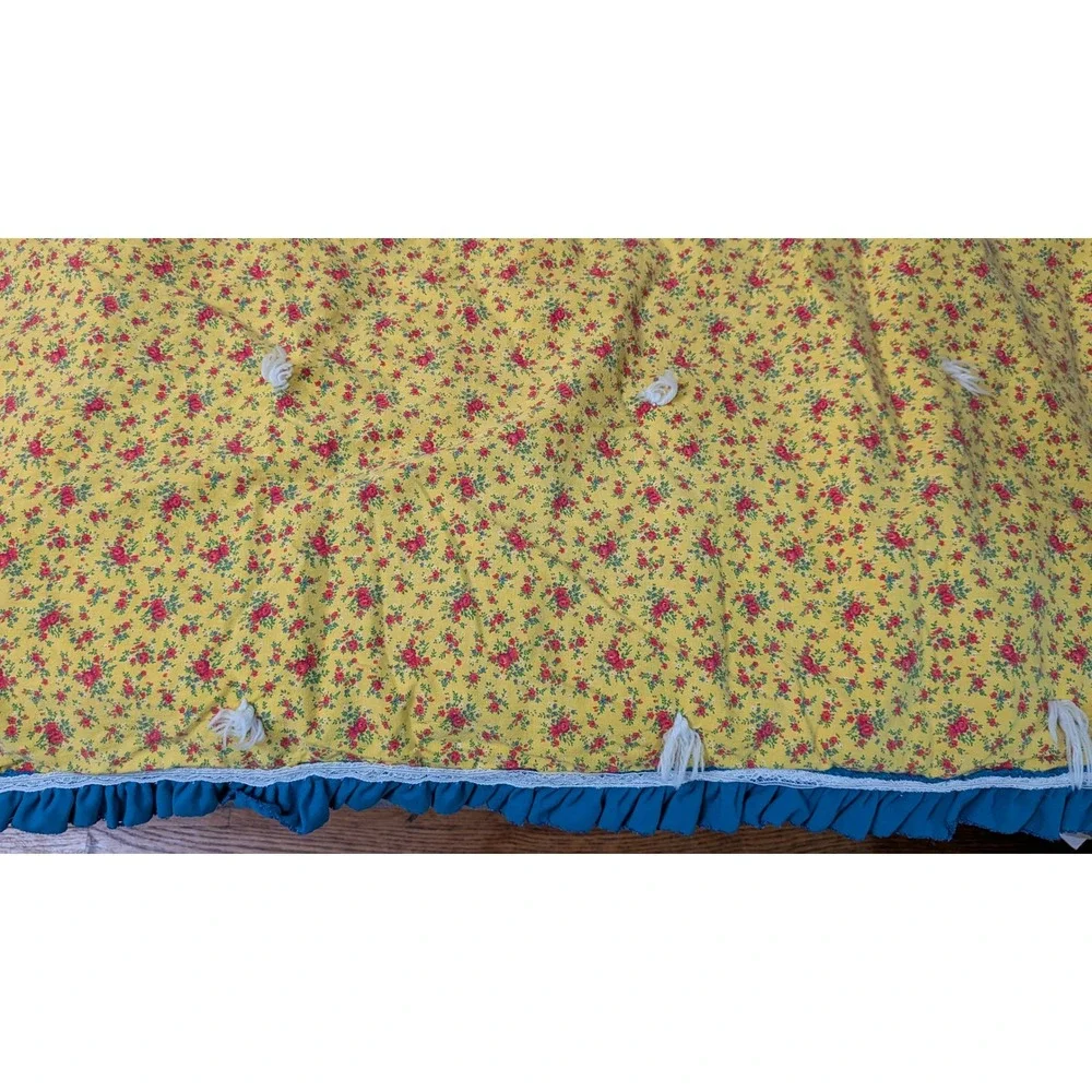 Vintage Retro Handmade Tied Quilt Yellow Floral Red Blue Ruffle Lace Trim Throw